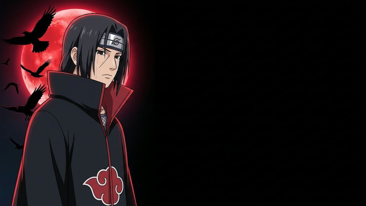 Illustration d'Itachi Uchiha devant une lune rouge et des corbeaux