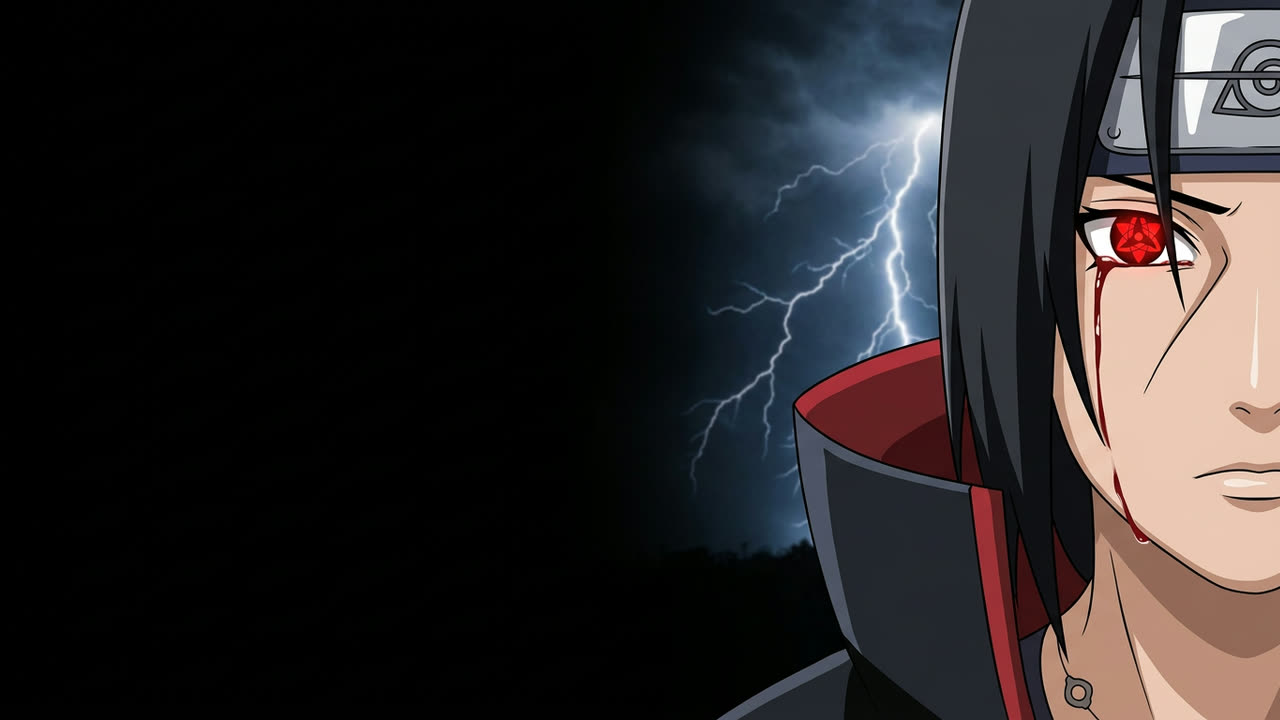 Itachi Uchiha face à Sasuke enfant dans le quartier Uchiha la nuit du massacre
